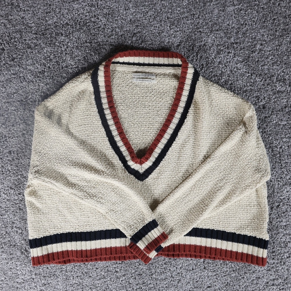 Urban Outfitters‎ Women's Small Cropped Varsity Sweater Cream Black Rust V Neck